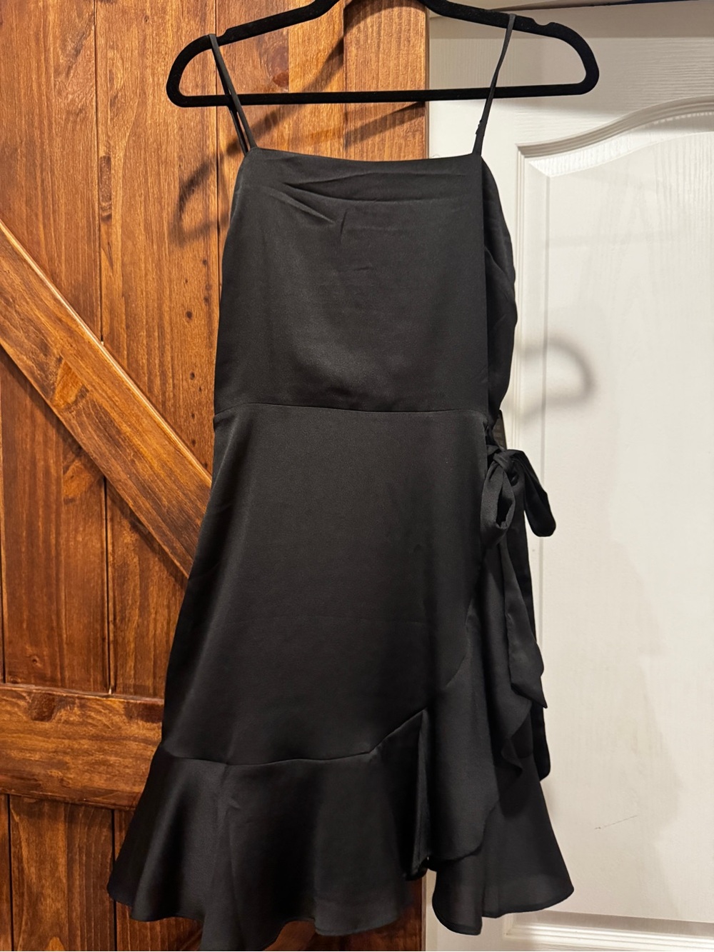 Express Black Satin Spaghetti-Strap Wrap Mini Dress